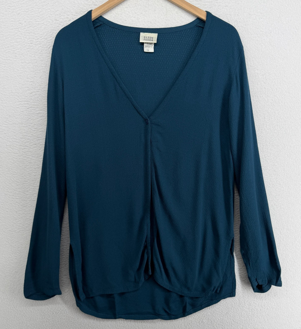 EILEEN FISHER Top S Rayon Crepe Button Up Cardigan Long Sleeve Blue VTG USA